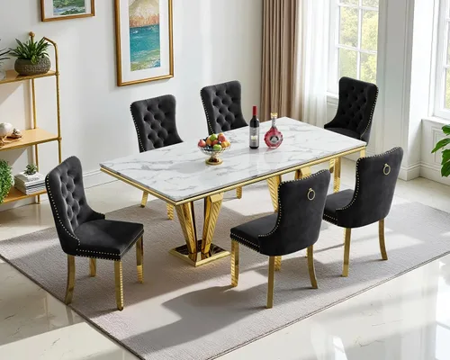 Miniatura 38 de Henf Juego de mesa de comedor de mármol sintético de 68 pulgadas para 6, juego de mesa de comedor de 7 piezas con 6 sillas copetudas de terciopelo