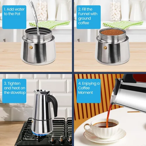 Miniatura 5 de 2 Tazas Moka de Acero Inoxidable 100ml Cafetera de Espresso Italiana para Estufa Cafeteras Moka Percolador Cafetera Greca para Estufa de Inducción