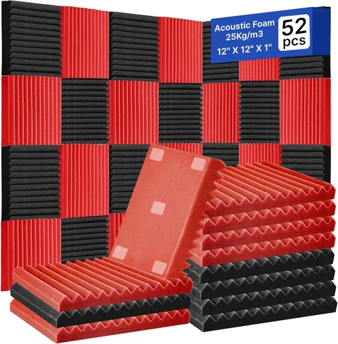 Paquete de 52 paneles de espuma acústica, de 1 x 12 x 12 pulgadas, paneles de pared de espuma acústica de absorción de sonido (color negro/rojo)