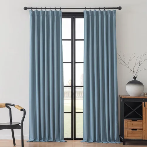 Miniatura 27 de MYSKY HOME Dusty Blue Full Black Out Pinch Pleated Curtains 63 inches Long for Bedroom Linen Textured with Blackout Liners Blue Gray Thermal