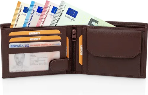 Miniatura 4 de KRONIFY Leather Wallet Men RFID Blocking Bifold & Trifold Genuine Leather 13 Card Slots Coin Pocket Gift Box Natural Dark Brown