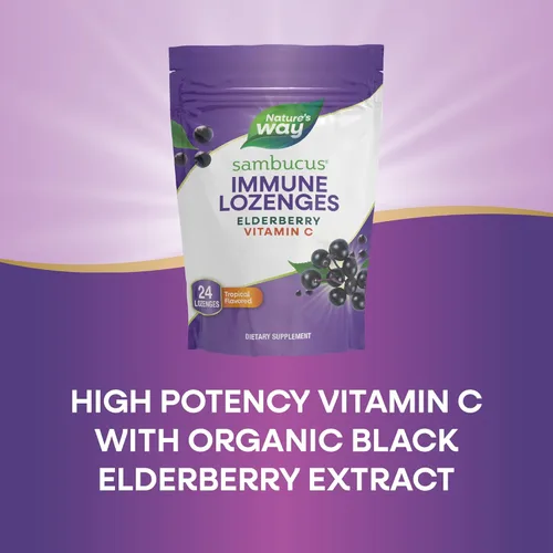 Miniatura 5 de Nature's Way Sambucus - Pastillas inmunológicas con vitamina C de alta potencia, saúco, 24 pastillas con sabor tropical (el embalaje puede variar)