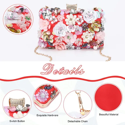 Miniatura 4 de KUANG! Bolsos de noche con flores florales para mujer, bolsos de mano coloridos con diamantes de imitación, bolso de hombro con cadena de boda