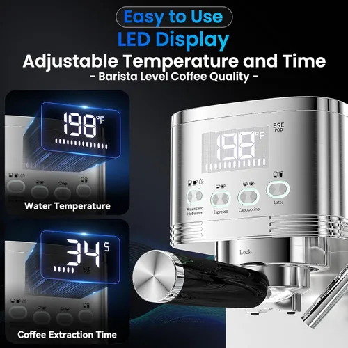 Miniatura 2 de Máquina de café expreso de 20 bares, temperatura y tiempo, pantalla LED, máquina de café espresso con espumador de leche automático ajustable sin
