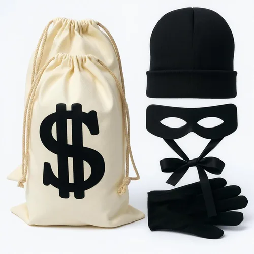 Juego de disfraz de ladrón, incluye máscara de ladrón, bolsa de dinero, guantes de sombrero de punto para jugar a policías y ladrones, disfraz de