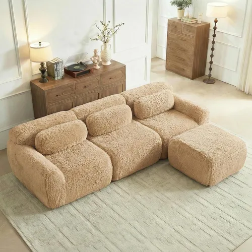 Miniatura 21 de Sofás de nube sin hueso de 80.4 pulgadas, tela de felpa suave y esponjosa, sofá cama modular con 2 otomanas, sofás de dos plazas de chocolate,