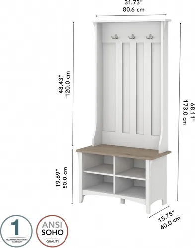 Miniatura 3 de Bush Furniture Salinas Hall Árbol con banco de almacenamiento de zapatos, blanco puro y gris Shiplap Shiplap Gris/Blanco Puro
