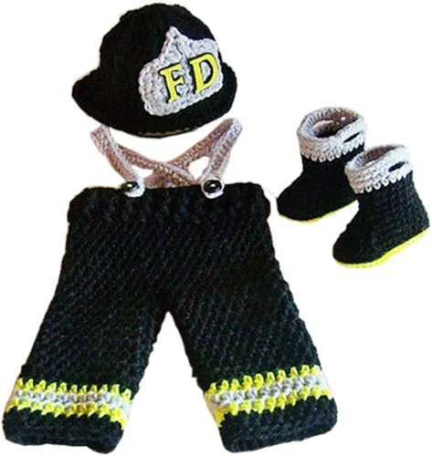 Pinbo Zapatos para niños recién nacidos Fotografía Crochet Bombero Sombrero Pantalones Zapatos