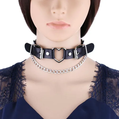 Miniatura 2 de SJYFAL Gargantilla de cuero con corazón para mujer, collar de cadena punk rock con remache de poliuretano, ajustable, Cuero,