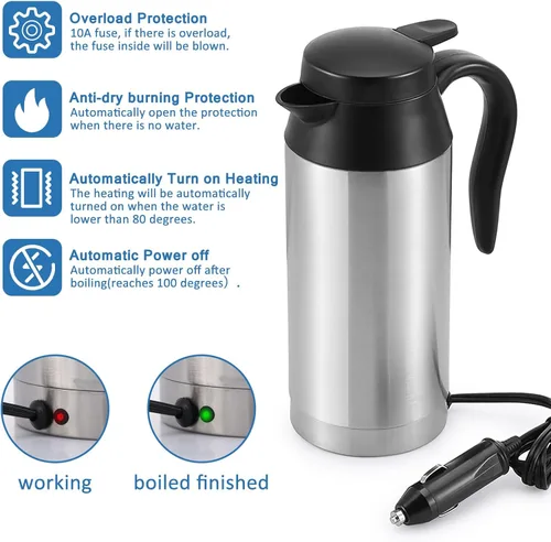 Miniatura 4 de Caldera de 12 V para automóvil – Hervidor de agua de viaje de 22.0 fl oz, calentador de agua de acero inoxidable para auto, calentador de taza