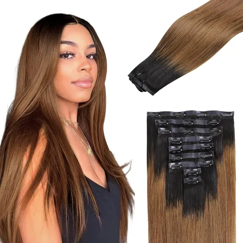 Miniatura 59 de Lashey - Extensiones de cabello con clip sin costuras, de cabello humano real, 7 unidades, 110 g, 14 pulgadas, color negro natural, lacio
