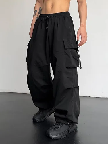 Miniatura 4 de ZAFUL Pantalones cargo de paracaídas para hombre, ajuste holgado, pantalones Y2K, con cordón, pantalones casuales con diseño de bolsillo, pantalones