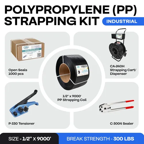 Miniatura 2 de IDL Packaging Kit de flejado industrial de polipropileno (PP) de 1/2 pulgada x 9000 pies, resistencia a la rotura de 300 libras - Solución completa