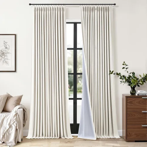Miniatura 12 de Cortinas opacas plisadas de lino beige y blanco de 90 pulgadas de largo para dormitorio o sala de estar, juego de 2 paneles, oscurecimiento