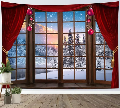 Miniatura 27 de LB Tapiz de Navidad de invierno, ventana de invierno exterior, pino nevado en bosque, tapiz de pared para dormitorio, paisaje de montaña, arte