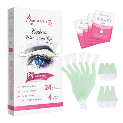 Beauty7 Kit de tiras de cera facial para depilación – Tiras de cera de cejas en casa – 24 tiras, 4 toallitas de aceite calmante para todo tipo de