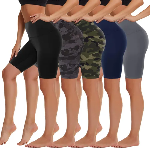 HIGHDAYS Paquete de 5 pantalones cortos de ciclista de cintura alta para mujer, 8 pulgadas de elastano suave, para entrenamiento, yoga, correr,