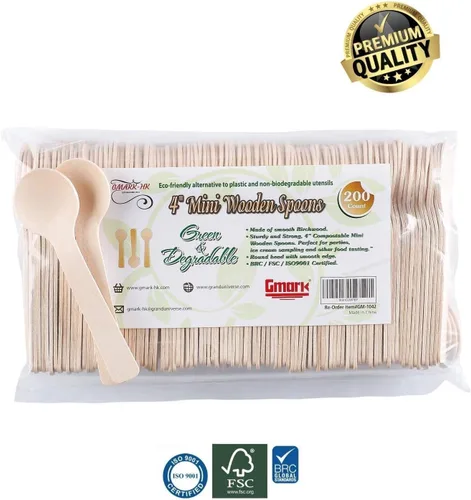 Miniatura 4 de Gmark – 200 cucharas de madera ecológicas de 4 pulgadas, biodegradables, madera de abedul reciclable (200 unidades/bolsa) GM1042