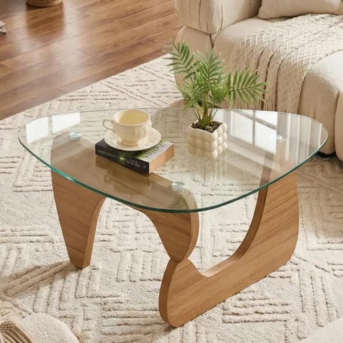 Miniatura 9 de LukeAlon Mesa auxiliar triangular moderna color negro y gris, parte superior de vidrio templado y base de madera, mesa auxiliar geométrica abstracta