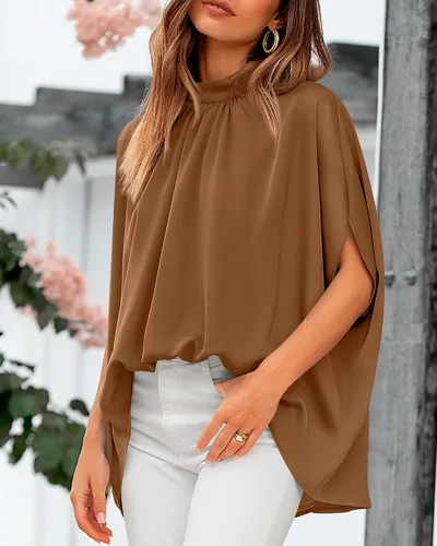 Miniatura 167 de BTFBM Blusas de verano para mujer, cuello alto falso, manga murciélago, holgadas, dobladillo alto y bajo, blusas informales de gran