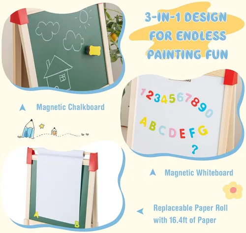 Miniatura 4 de HONEY JOY Caballete para niños, caballete de madera ajustable de doble cara con pizarra magnética y pizarra blanca, rollo de papel, más de 60
