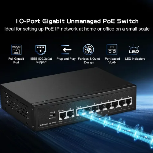 Miniatura 2 de Conmutador POE Gigabit de 10 puertos, 8 POE+ 1000Mbps, 2 Gigabit Uplink, IEEE802.3af/at, fuente de alimentación interna de 120 W, interruptor