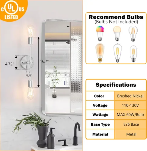 Miniatura 2 de FadimiKoo 2 lámparas de níquel cepillado para tocador de baño, iluminación plateada para baño sobre espejo, moderna iluminación de pared