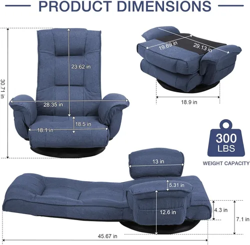 Miniatura 2 de Linen Fabric Ergonomic Gaming Chair, 6-Position Reclining Sofa Bed with Lumbar Support, Foldable Floor Lounger with Thick Cushion, Armrests & Side
