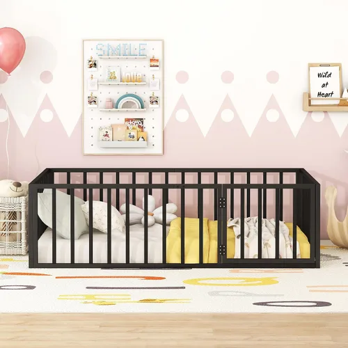Miniatura 4 de Cama de suelo de tamaño individual para niños, camas Montessori con rieles y puerta, marco de cama de metal con valla para niños y niñas, color negro