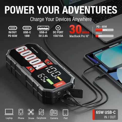 Miniatura 6 de JFEGWO 6000A Jump Starte, Paquete de Refuerzo para Coche de 12V, para Coche de Gasolina de 13L o Diésel de 13L Arrancador Portátil de Batería
