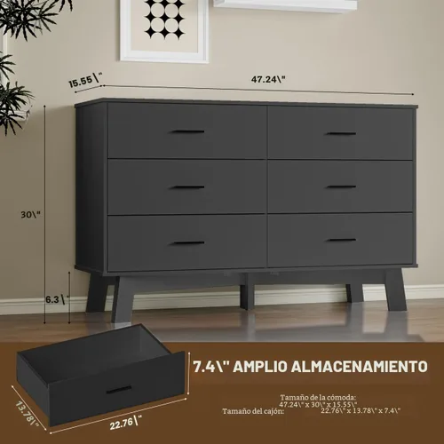 Miniatura 2 de BORNOON Cómoda para dormitorio con 6 cajones, cajonera moderna de 47.2" con manijas de metal, base en forma de X y pata central ajustable