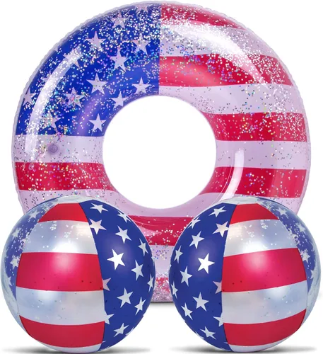 Miniatura 11 de POZA Flotador inflable de piscina de Estados Unidos – Lujosa tumbona divertida llena de confeti de estrellas plateadas brillantes, diseño de bandera