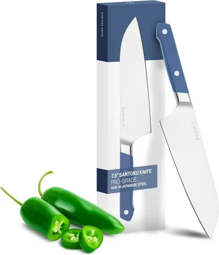 Misen Cuchillo de chef japonés Santoku – Acero inoxidable de alto carbono de 8 pulgadas – Diseño clásico japonés para cortar, rebanar y picar – Azul