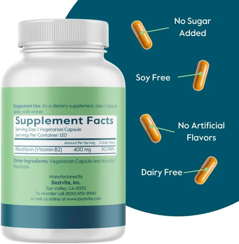 Miniatura 3 de BESTVITE Vitamina B-2 (riboflavina) 400 mg (120 cápsulas vegetarianas) - Alta potencia - Energía, piel y salud celular - Apoyo saludable del sistema