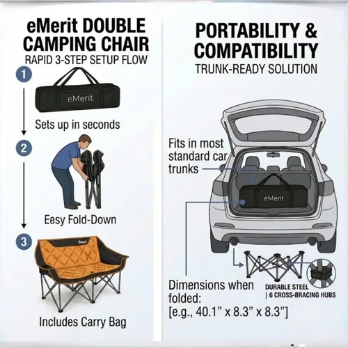 Miniatura 5 de EMERIT Silla de camping doble de gran tamaño, plegable, sofá de dos plazas para 2 personas, sillas de césped resistentes para exteriores con Naranja