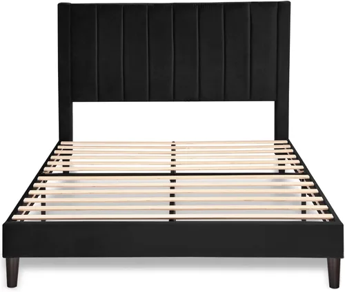 Miniatura 9 de Allewie - Base de cama tapizada en terciopelo, cabecera capitoné de canales verticales, listones de madera reforzados, opción de somier, fácil