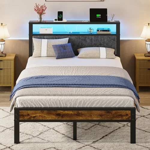Miniatura 10 de Liians Base de cama de plataforma de tamaño individual con luces LED, cabecera tapizada gris con estantes de almacenamiento de 2 niveles, estación