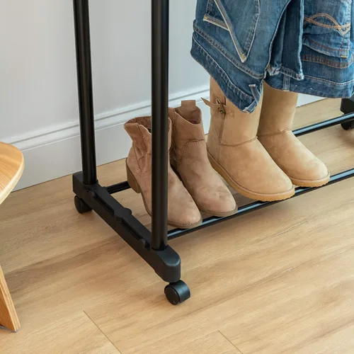 Miniatura 7 de IRIS USA Perchero portátil de doble barra ajustable con barra extensible y ruedas con bloqueo, ropa rodante, armario de doble barra, fácil
