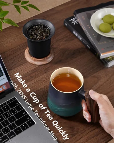 Miniatura 7 de ZENS Taza de Té de Cerámica en Relieve con Infusor y Tapa, 14.5 oz, Asa de Madera, Tazas Infusoras de Té de Hojas Sueltas y Colador para Regalos
