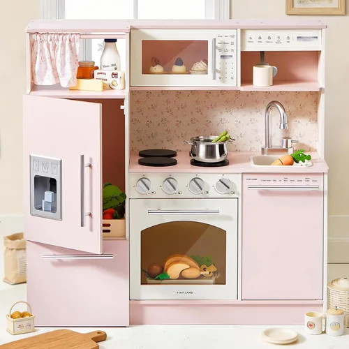 Tiny Land Cocina de juego para niños, juguete de cocina de madera mejorado con áreas de juego completas, juego de cocina de simulación con