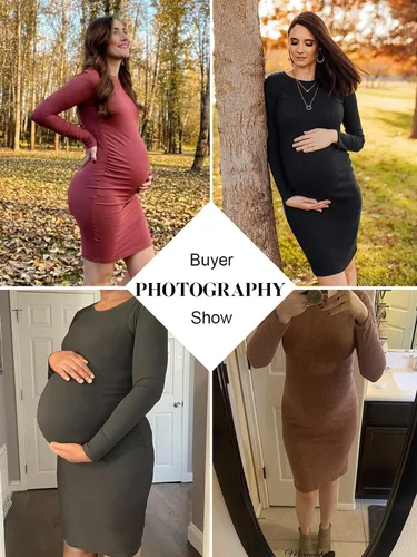 Miniatura 3 de Liu & Qu Vestido de maternidad de punto acanalado, manga larga y fruncido lateral, vestidos ajustados de maternidad para otoño