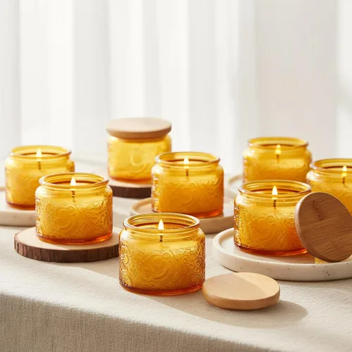 Miniatura 10 de Paquete de 18 recipientes de vidrio en relieve de 4 onzas con tapas y etiquetas de bambú, tarros transparentes para hacer velas, diseño de estrella