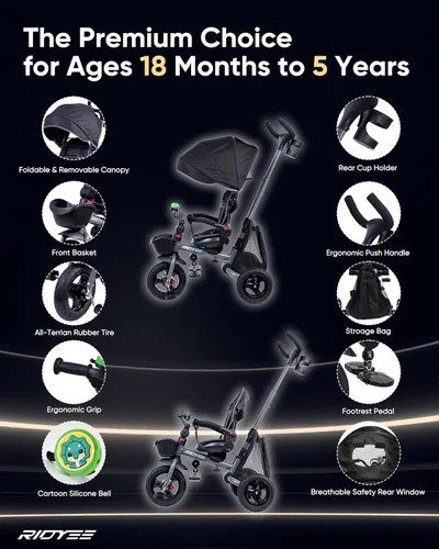 Miniatura 5 de RIDYEE 7 en 1 Triciclo plegable para niños pequeños de 18 meses a 5 años, cochecito triciclo con frenos duales, neumático de goma todo terreno, gris