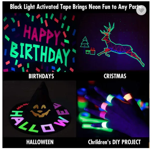 Miniatura 6 de Cinta adhesiva fluorescente azul neón para gaffer, cinta de punta azul neón reactiva a luz negra UV para etapas, juegos de fiesta, pisos
