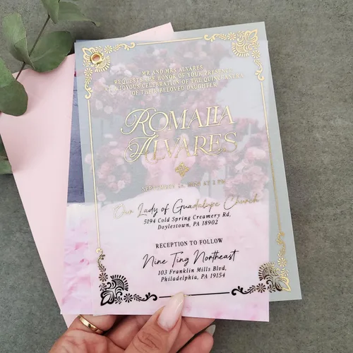 Miniatura 3 de Juego de 10 invitaciones de quinceañera con marco de lámina dorada, invitación con foto personalizada, invitación de Mis Quince Anos, invitaciones