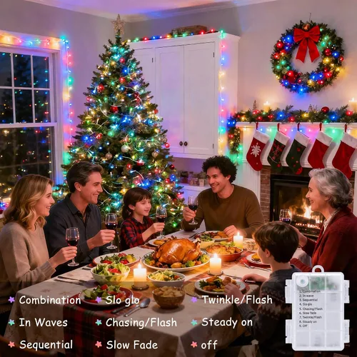 Miniatura 6 de JMEXSUSS Luces de Navidad multicolor que funcionan con pilas con 8 modos de control remoto, impermeables, 33 pies, 100 luces LED de Navidad