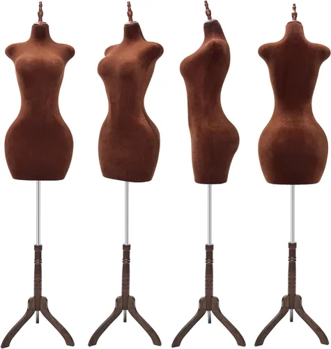 Miniatura 2 de Torso de maniquí femenino con curvas ajustables con soporte, forma de vestido pinable para ropa (marrón, terciopelo)