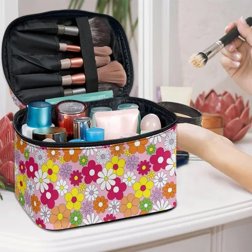 Miniatura 5 de 60S Groovy Hippie Flower Pink Pattern Travel Makeup Bags for Women Portable Tote Cosmetic Case with Carry Handle Toiletry Accessories Storage
