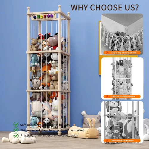 Miniatura 4 de Organizador de Almacenamiento de Juguetes de Madera para Animales de Peluche, Diseño Mejorado de Puf Hamaca de Animales de Peluche Red de Peluches