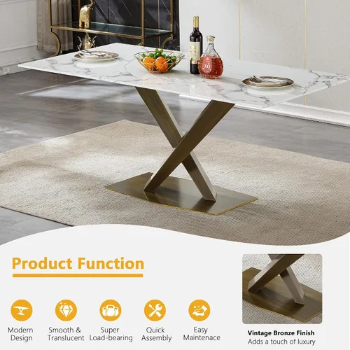 Miniatura 4 de Juego de mesa de comedor de mármol blanco de lujo para 4, 70 pulgadas, mesa de comedor de mármol blanco con 4 sillas de terciopelo gris y base